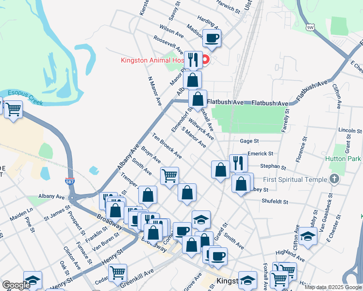 map of restaurants, bars, coffee shops, grocery stores, and more near 175 Ten Broeck Avenue in Kingston