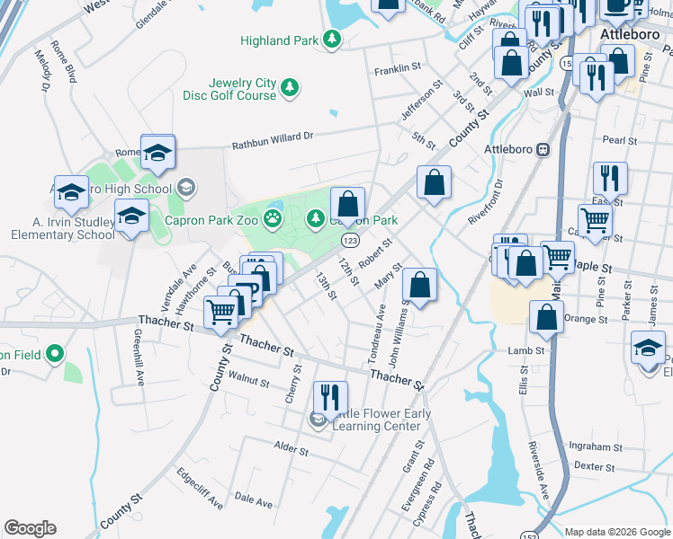 map of restaurants, bars, coffee shops, grocery stores, and more near 84 Robert Street in Attleboro