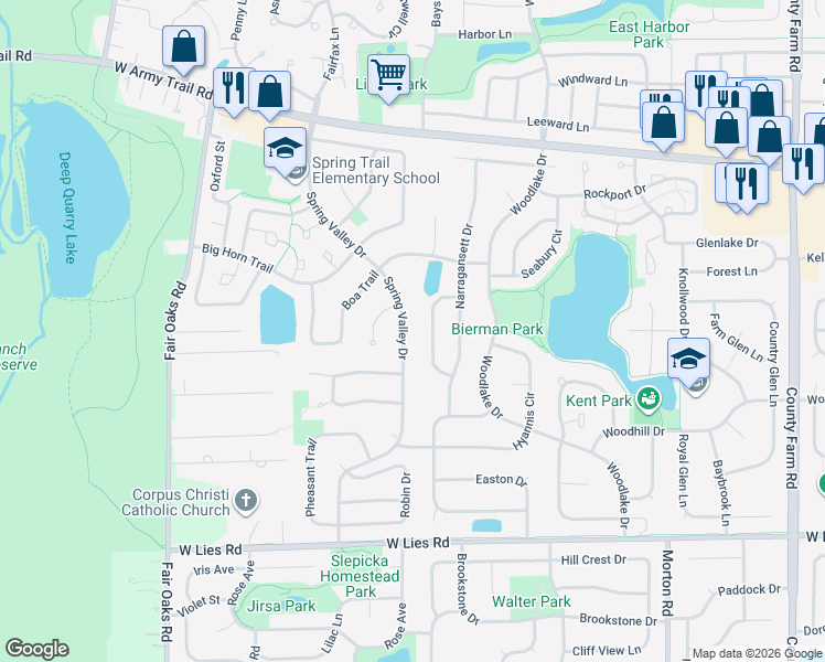 map of restaurants, bars, coffee shops, grocery stores, and more near 1225 Spring Valley Drive in Carol Stream