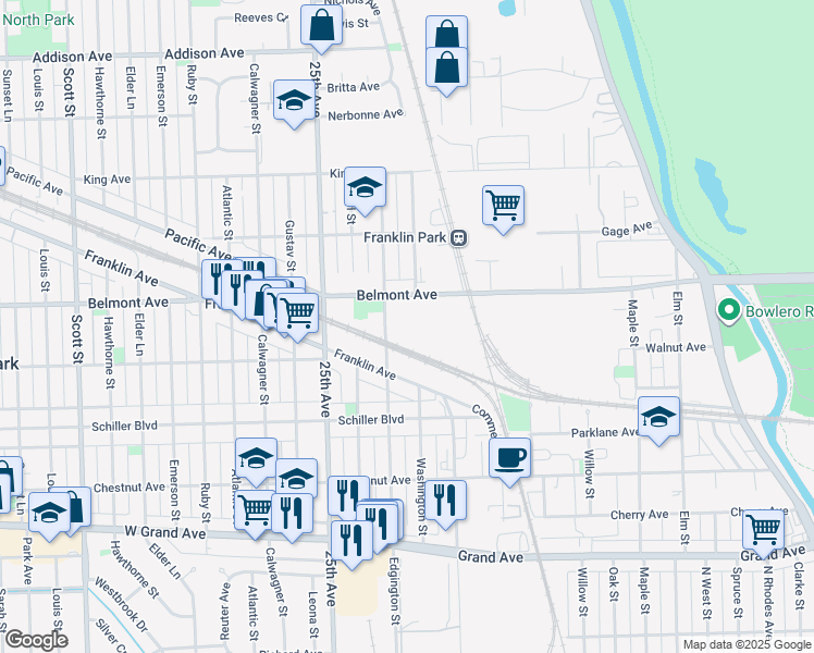 map of restaurants, bars, coffee shops, grocery stores, and more near 9451 Belmont Avenue in Franklin Park