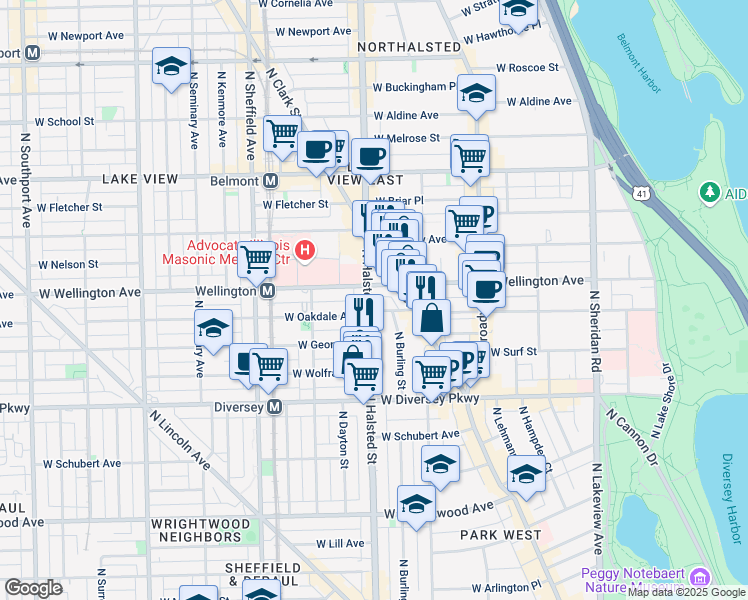 map of restaurants, bars, coffee shops, grocery stores, and more near 2949 North Halsted Street in Chicago