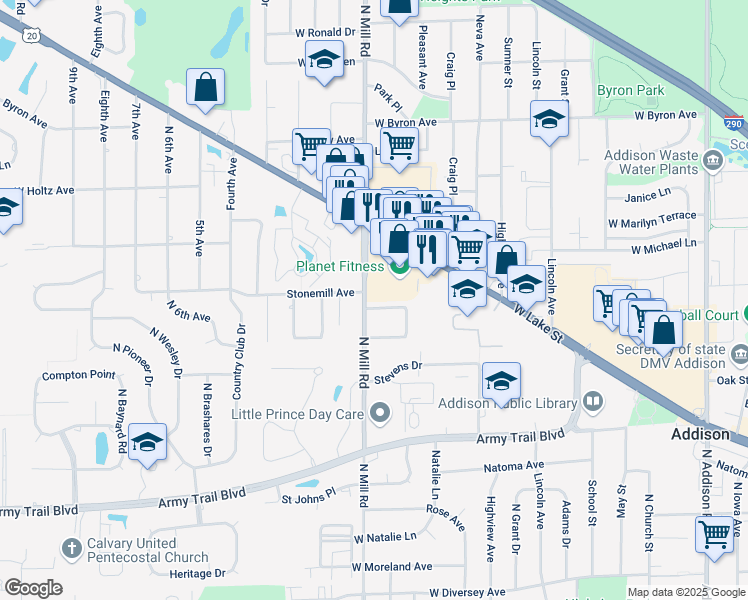map of restaurants, bars, coffee shops, grocery stores, and more near 400-40 North Mill Road in Addison
