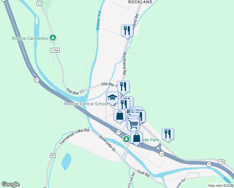 map of restaurants, bars, coffee shops, grocery stores, and more near 10 Church Street in Roscoe