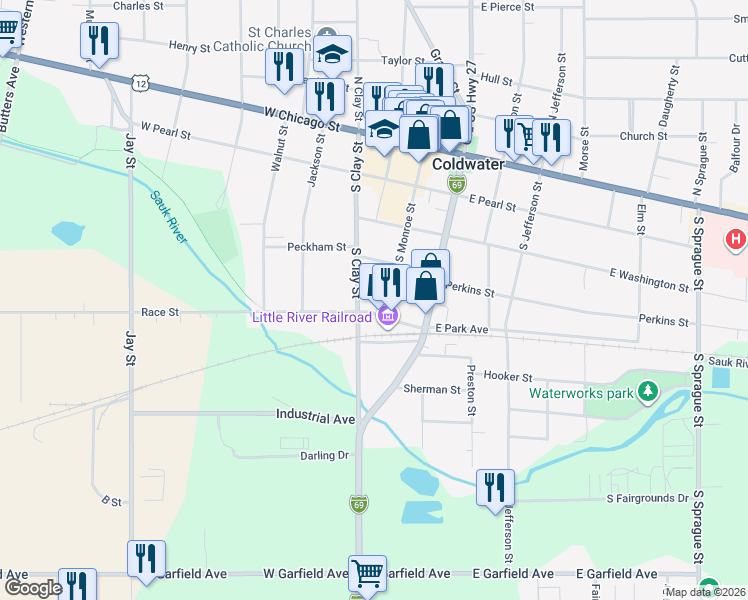 map of restaurants, bars, coffee shops, grocery stores, and more near 30 West Park Avenue in Coldwater