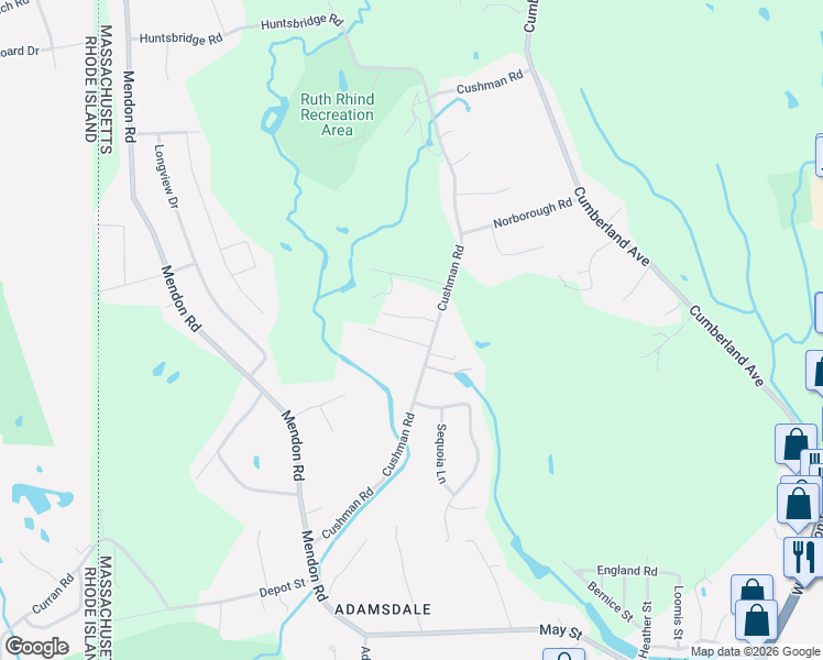map of restaurants, bars, coffee shops, grocery stores, and more near 224 Cushman Road in North Attleborough