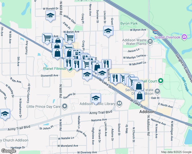 map of restaurants, bars, coffee shops, grocery stores, and more near 366 Highview Avenue in Addison