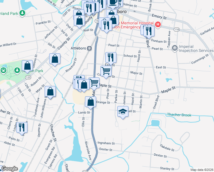 map of restaurants, bars, coffee shops, grocery stores, and more near 209 Pine Street in Attleboro