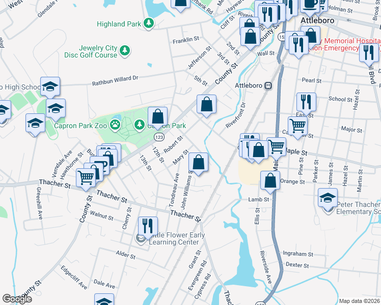 map of restaurants, bars, coffee shops, grocery stores, and more near 15 John Williams Street in Attleboro