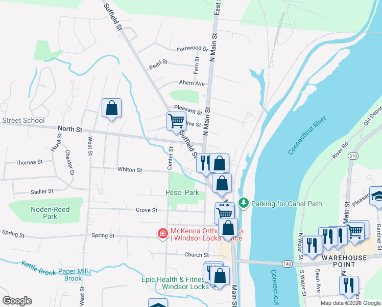 map of restaurants, bars, coffee shops, grocery stores, and more near 9 Suffield Street in Windsor Locks