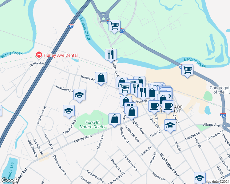 map of restaurants, bars, coffee shops, grocery stores, and more near 76 North Front Street in Kingston