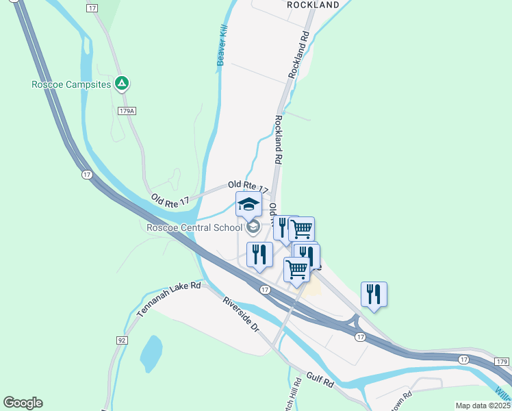 map of restaurants, bars, coffee shops, grocery stores, and more near 7 Church Street in Roscoe