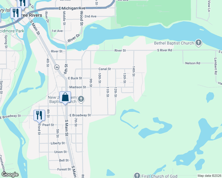 map of restaurants, bars, coffee shops, grocery stores, and more near 717 12th Street in Three Rivers