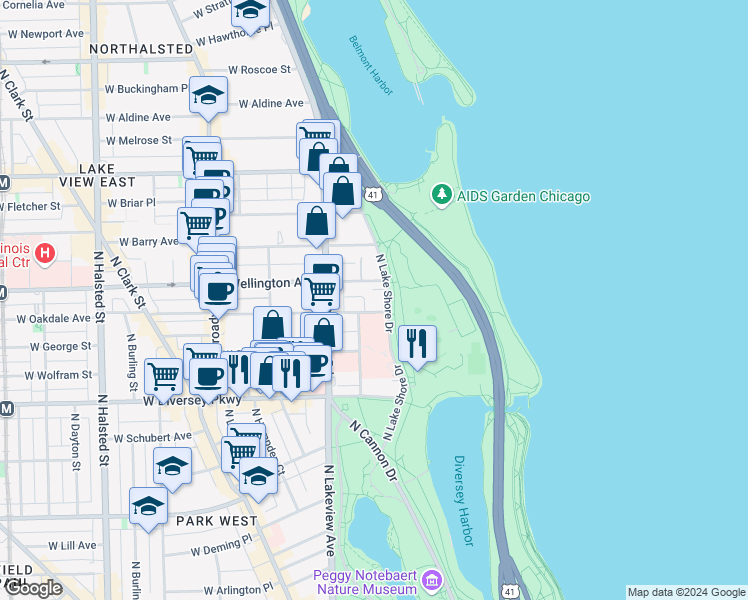 map of restaurants, bars, coffee shops, grocery stores, and more near 2927 North Commonwealth Avenue in Chicago