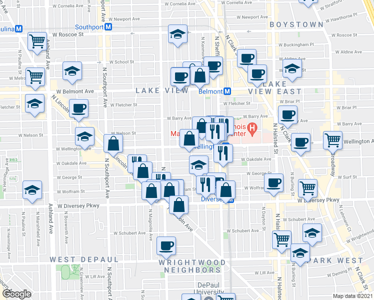 map of restaurants, bars, coffee shops, grocery stores, and more near 1110 West Oakdale Avenue in Chicago