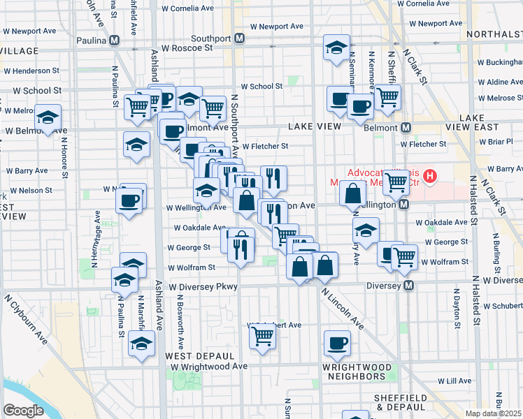 map of restaurants, bars, coffee shops, grocery stores, and more near 2909 North Lincoln Avenue in Chicago