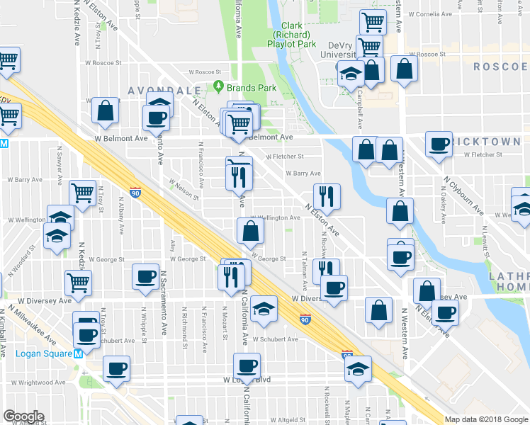 map of restaurants, bars, coffee shops, grocery stores, and more near 2951 North Fairfield Avenue in Chicago