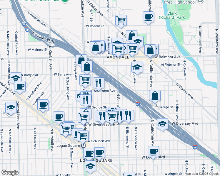 map of restaurants, bars, coffee shops, grocery stores, and more near 3021 West Wellington Avenue in Chicago