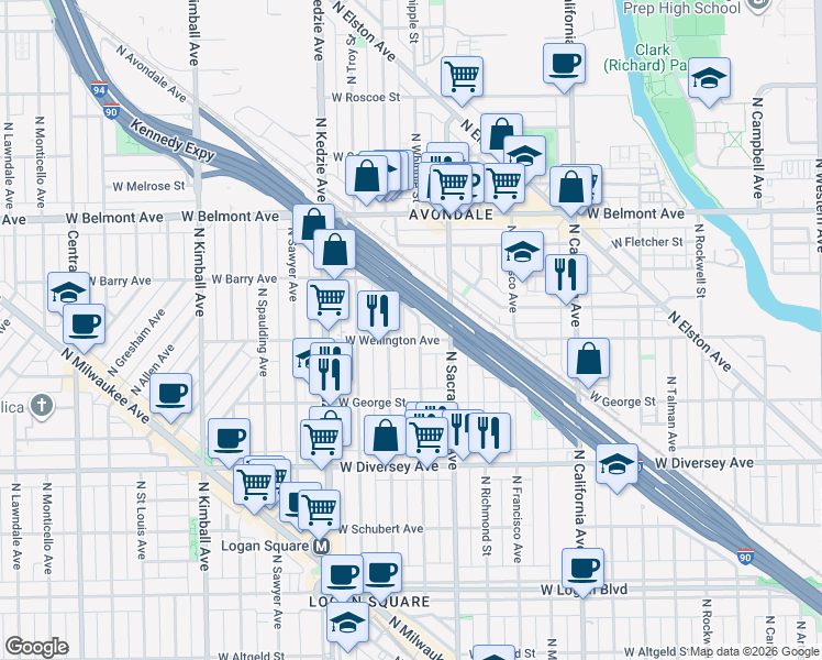 map of restaurants, bars, coffee shops, grocery stores, and more near 3021 West Wellington Avenue in Chicago