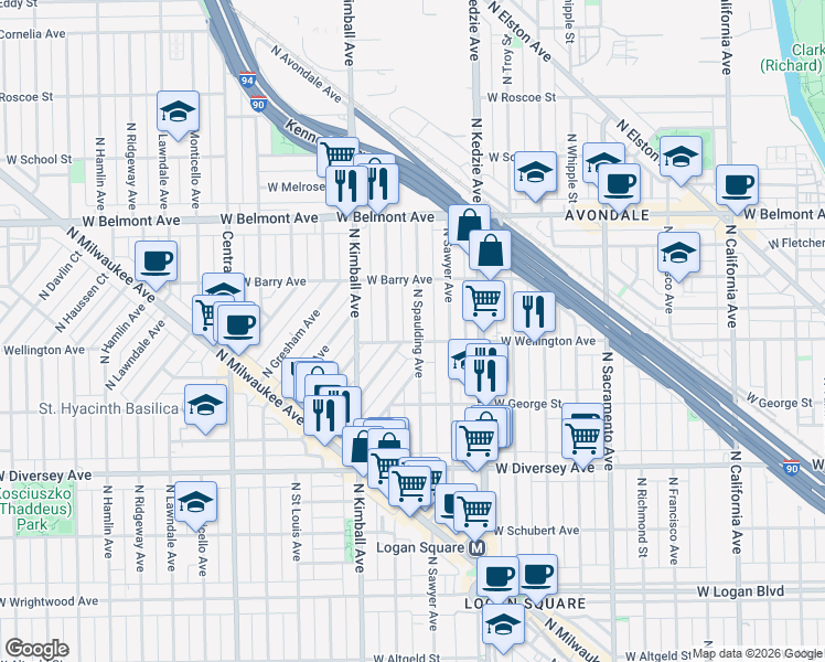 map of restaurants, bars, coffee shops, grocery stores, and more near 2955 North Spaulding Avenue in Chicago