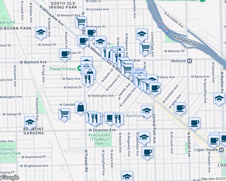 map of restaurants, bars, coffee shops, grocery stores, and more near 3011 North Avers Avenue in Chicago