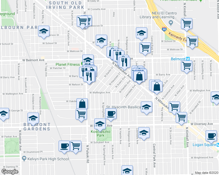 map of restaurants, bars, coffee shops, grocery stores, and more near 3011 North Avers Avenue in Chicago