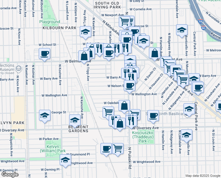 map of restaurants, bars, coffee shops, grocery stores, and more near 4048 West Wellington Avenue in Chicago