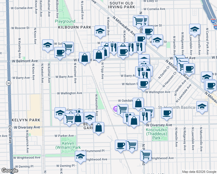 map of restaurants, bars, coffee shops, grocery stores, and more near 4164 West Wellington Avenue in Chicago