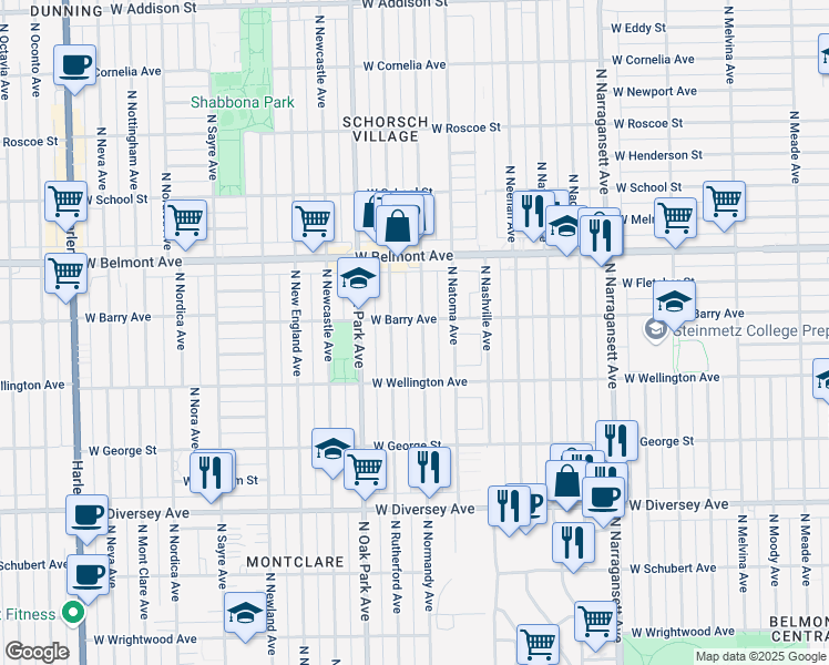 map of restaurants, bars, coffee shops, grocery stores, and more near 3030 North Normandy Avenue in Chicago