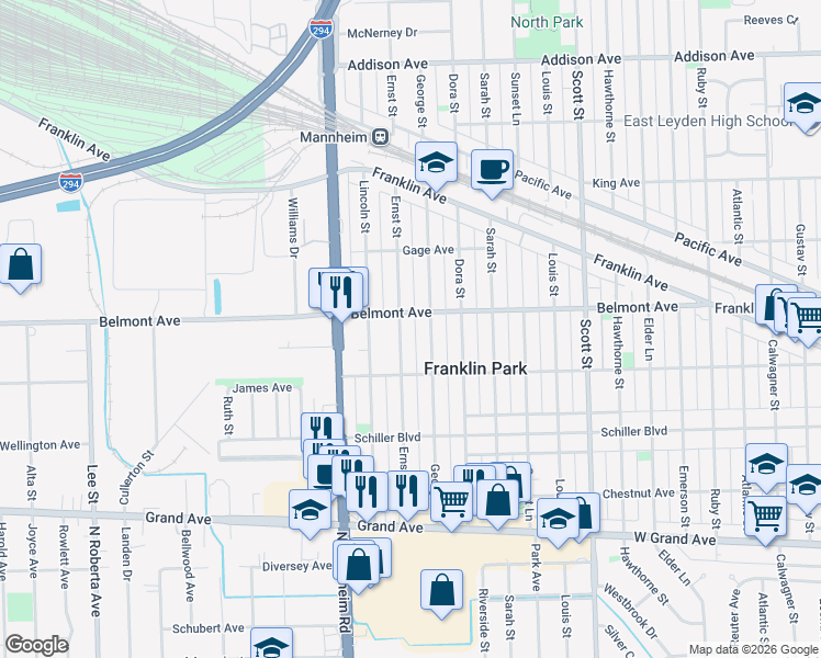map of restaurants, bars, coffee shops, grocery stores, and more near 3121 Ernst Street in Franklin Park