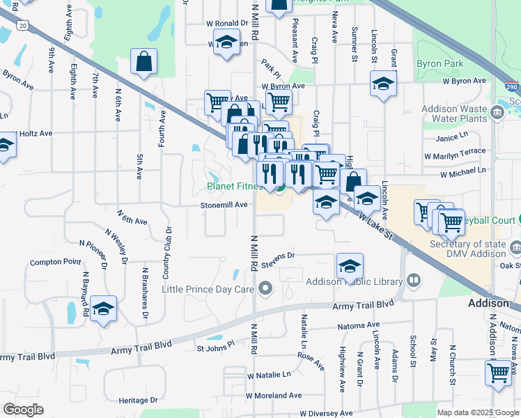 map of restaurants, bars, coffee shops, grocery stores, and more near 400-40 North Mill Road in Addison