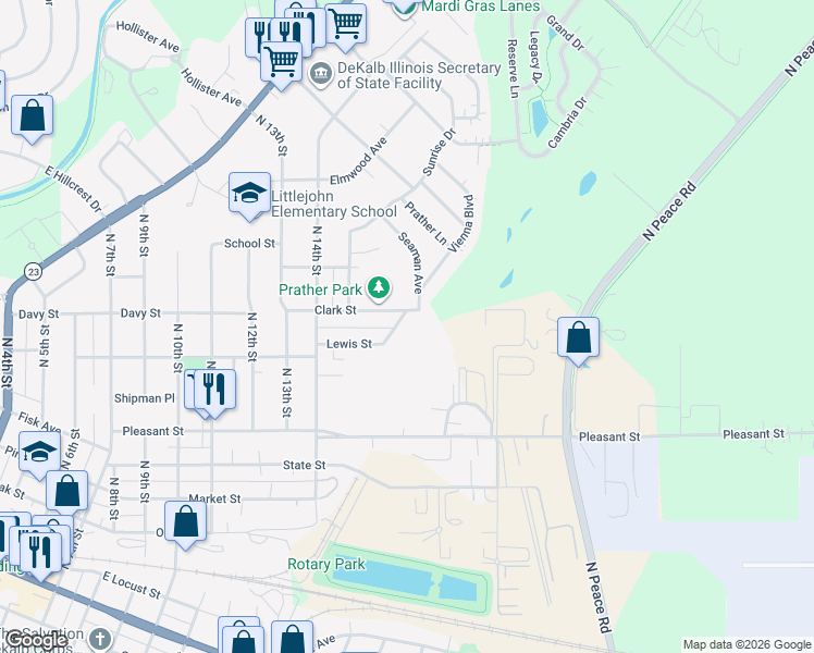 map of restaurants, bars, coffee shops, grocery stores, and more near 810 Vienna Boulevard in DeKalb