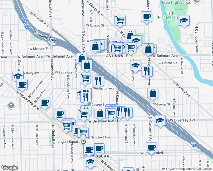 map of restaurants, bars, coffee shops, grocery stores, and more near 3021 West Wellington Avenue in Chicago