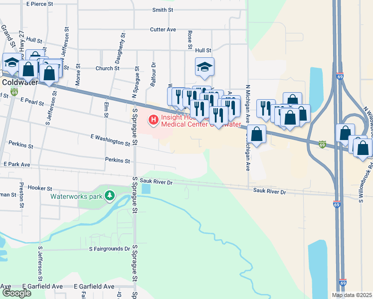 map of restaurants, bars, coffee shops, grocery stores, and more near 344 Perkins Street in Coldwater