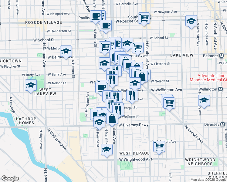map of restaurants, bars, coffee shops, grocery stores, and more near North Ashland Avenue & West Wellington Avenue in Chicago
