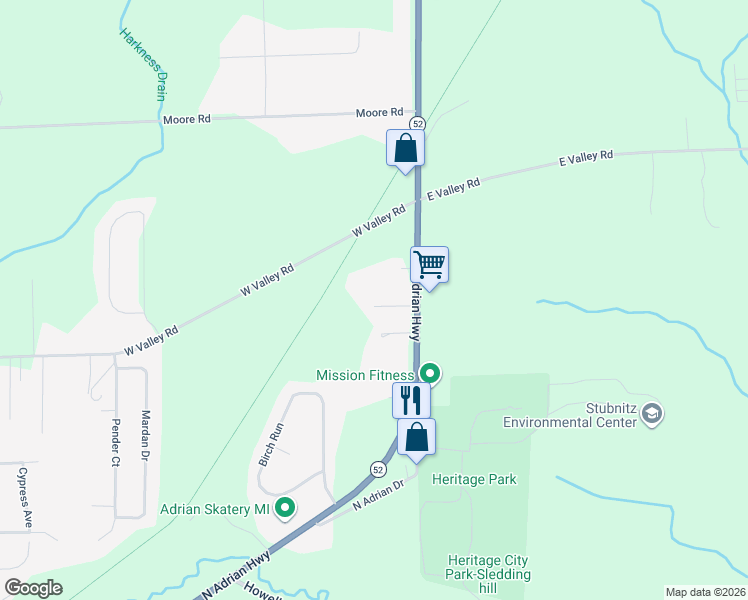 map of restaurants, bars, coffee shops, grocery stores, and more near 1055 Loren Road in Adrian