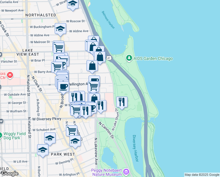 map of restaurants, bars, coffee shops, grocery stores, and more near 2960 North Lake Shore Drive in Chicago