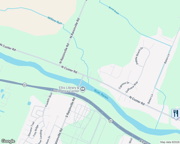 map of restaurants, bars, coffee shops, grocery stores, and more near 3770 North Custer Road in Monroe