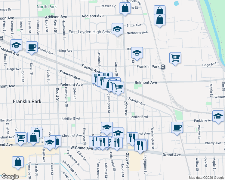 map of restaurants, bars, coffee shops, grocery stores, and more near 9666 Franklin Avenue in Franklin Park