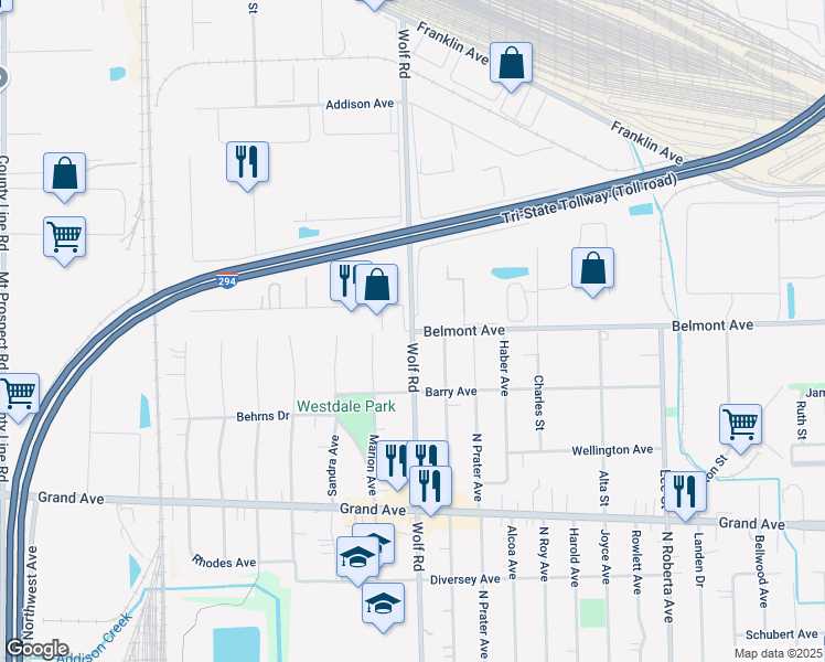 map of restaurants, bars, coffee shops, grocery stores, and more near 3201 North Wolf Road in Franklin Park