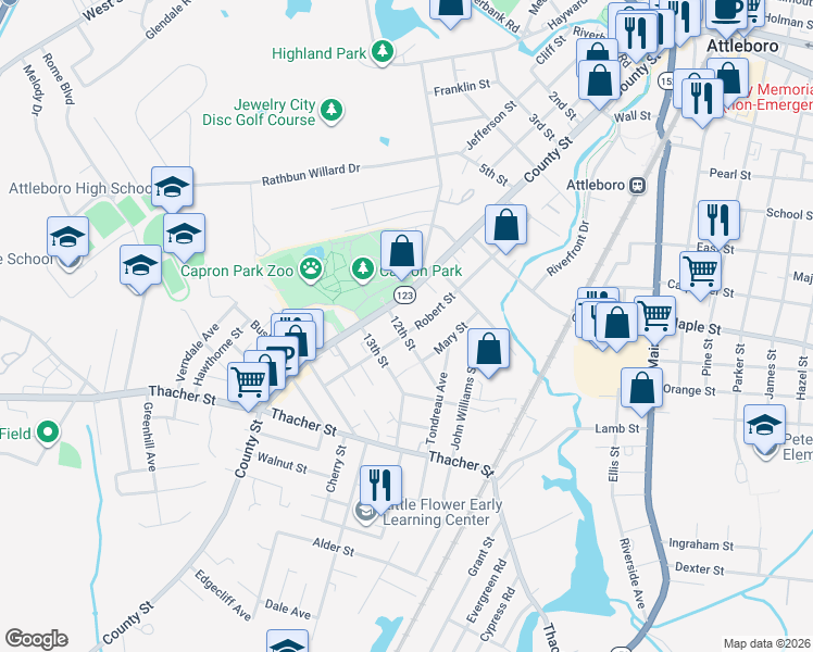 map of restaurants, bars, coffee shops, grocery stores, and more near 84 Robert Street in Attleboro