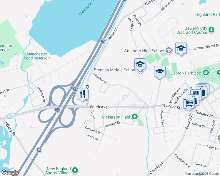 map of restaurants, bars, coffee shops, grocery stores, and more near 30 Patterson Street in Attleboro