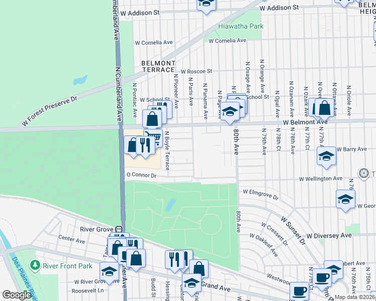 map of restaurants, bars, coffee shops, grocery stores, and more near 8204 West Walsh Lane in River Grove
