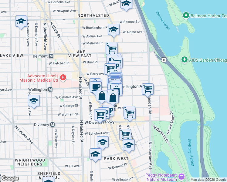 map of restaurants, bars, coffee shops, grocery stores, and more near 2940 North Broadway in Chicago