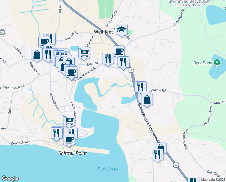 map of restaurants, bars, coffee shops, grocery stores, and more near 45 Alves Road in Wellfleet