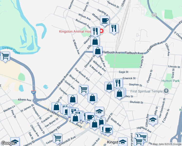 map of restaurants, bars, coffee shops, grocery stores, and more near 180 Downs Street in Kingston