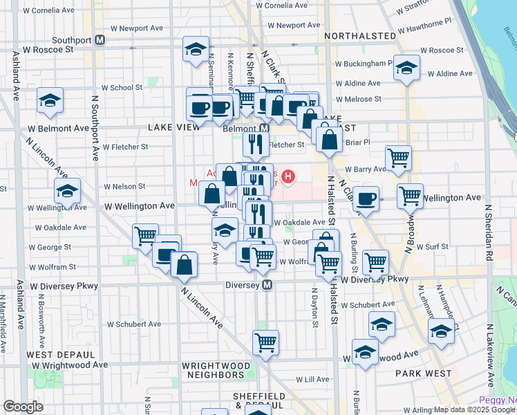 map of restaurants, bars, coffee shops, grocery stores, and more near 947 West Wellington Avenue in Chicago