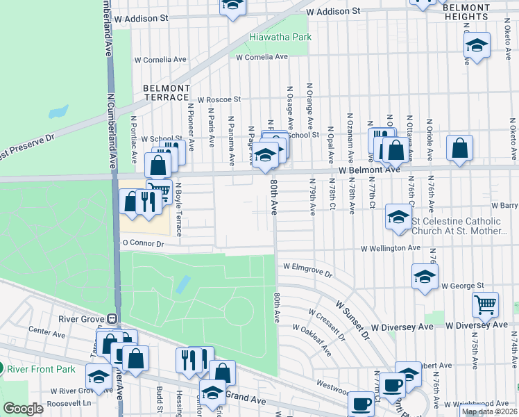 map of restaurants, bars, coffee shops, grocery stores, and more near 7945 West Barry Avenue in Elmwood Park