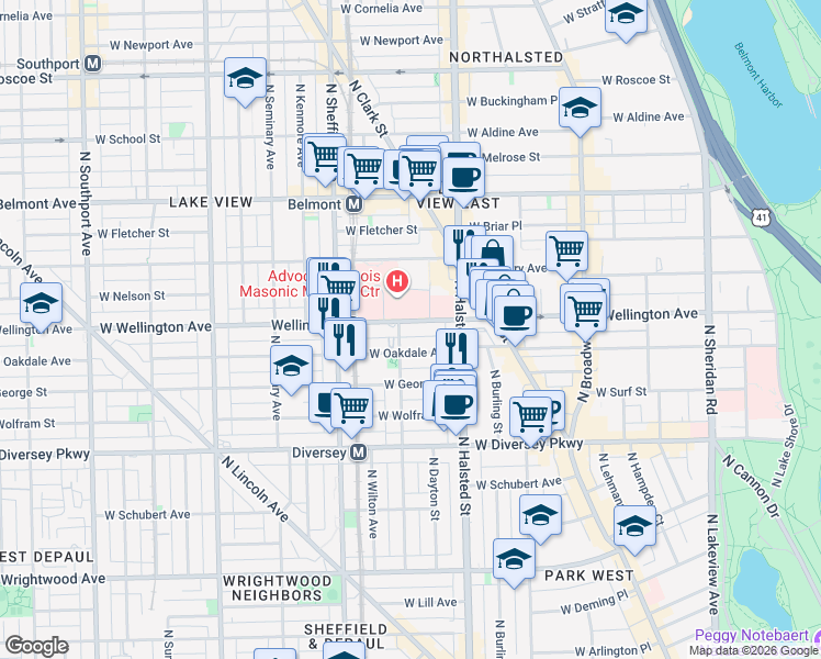 map of restaurants, bars, coffee shops, grocery stores, and more near 851 West Wellington Avenue in Chicago