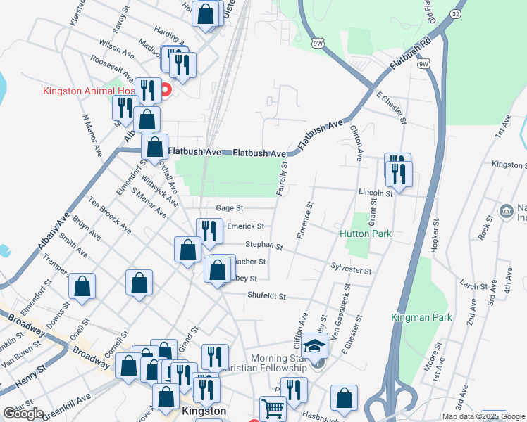 map of restaurants, bars, coffee shops, grocery stores, and more near 104 Gage Street in Kingston
