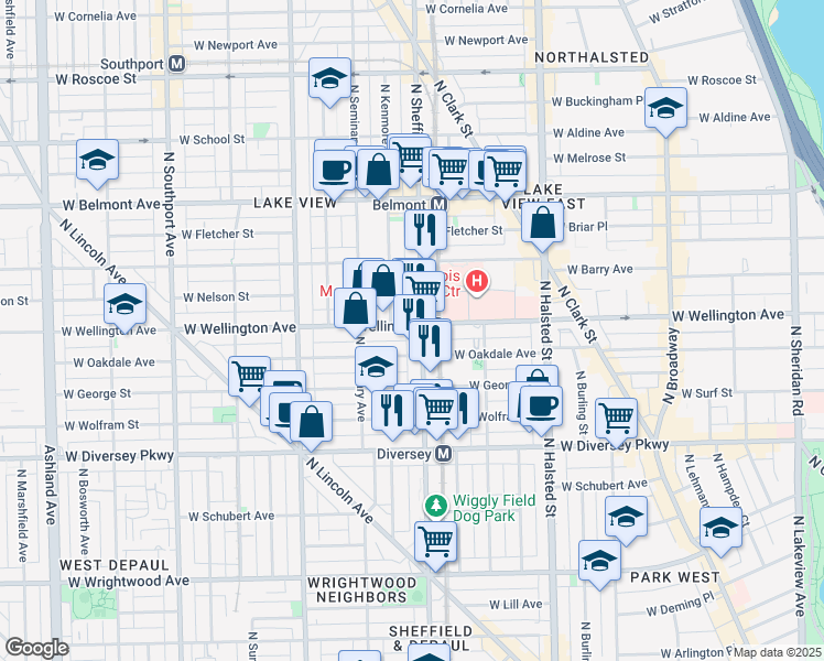map of restaurants, bars, coffee shops, grocery stores, and more near 2937 North Sheffield Avenue in Chicago